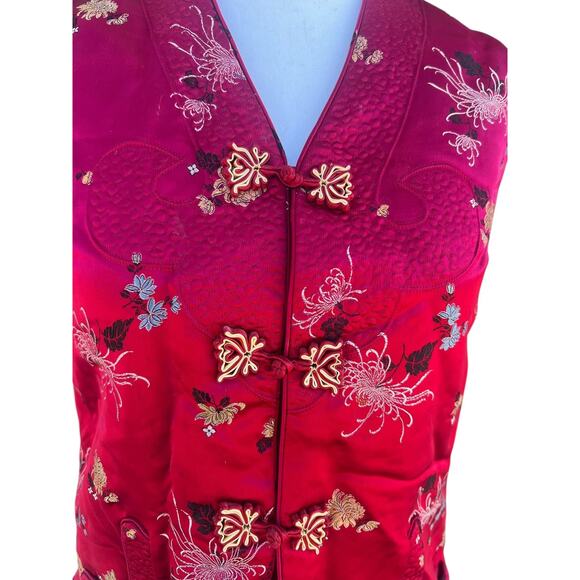 Vintage Women's Chinese Quilted Satin Brocade Waistcoat Red With Pockets Size L - Picture 5 of 6